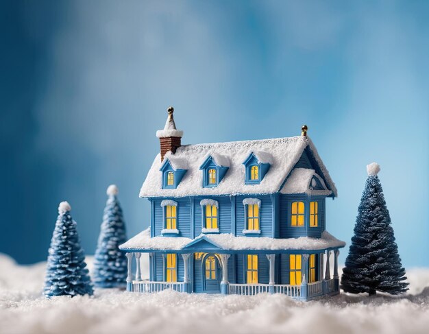 Miniature blue house in the snow New Years atmosphere