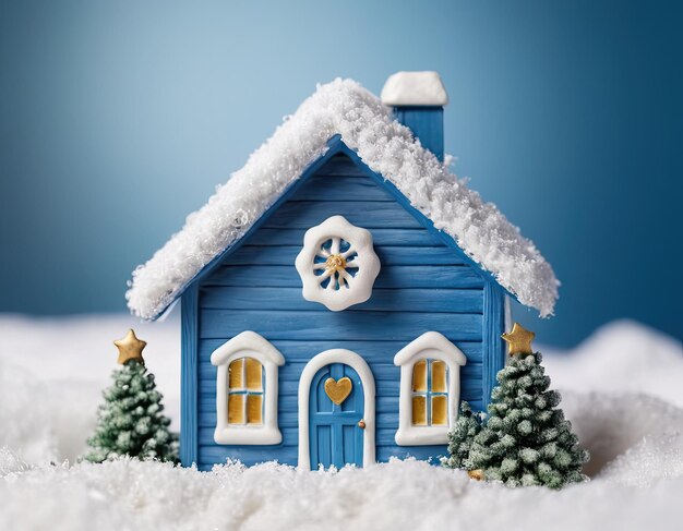 Miniature blue house in the snow New Years atmosphere