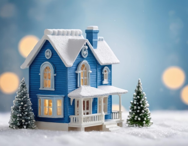 Miniature blue house in the snow New Years atmosphere