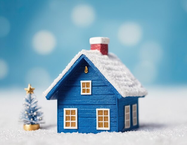 Miniature blue house in the snow New Years atmosphere