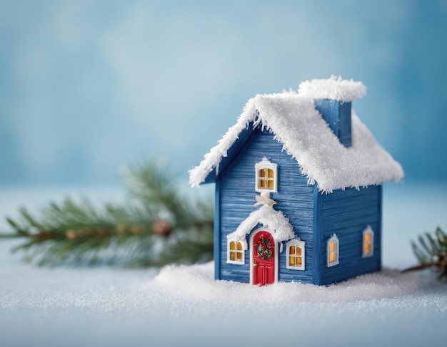 Miniature blue house in the snow New Years atmosphere