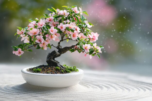 Photo miniature bonsai tree in a white ceramic pot delicate pink blossoms surrounded by zen garden