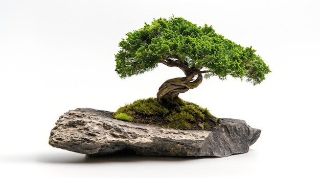 Miniature bonsai tree with a twisted trunk on a rock against a white background