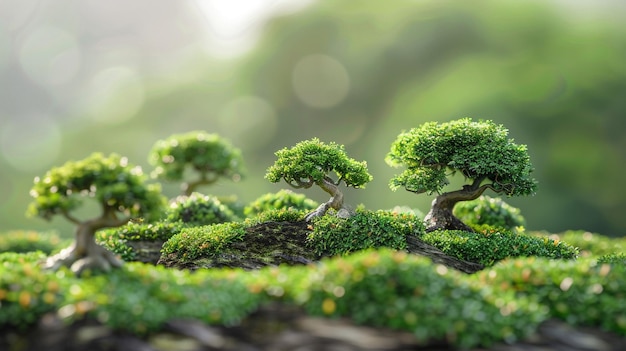 Photo miniature bonsai trees on lush green hillside