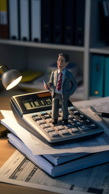 Miniature businessman stand reading on tax button of calculator