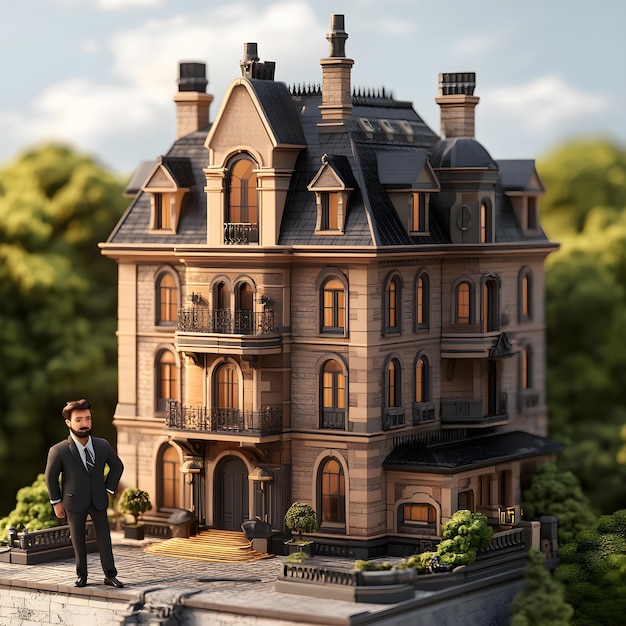 Photo miniature of a businessman standing on the top of a model house