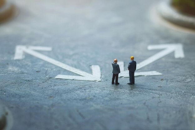 Miniature businessmen giving advice on business decisions with arrow pathway