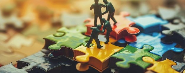 Miniature businessmen team connecting colorful puzzle pieces against blurred background