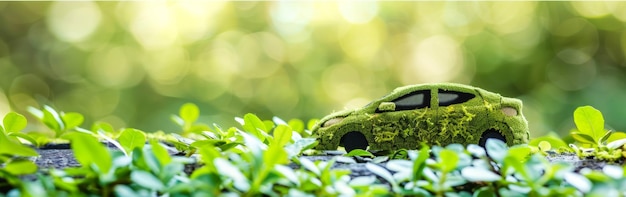 Photo miniature car covered in moss surrounded by green plants set against a bokeh background emphasizing