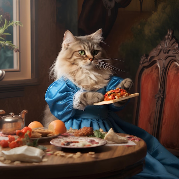 Photo a miniature cat in a blue dress eating a big pizza