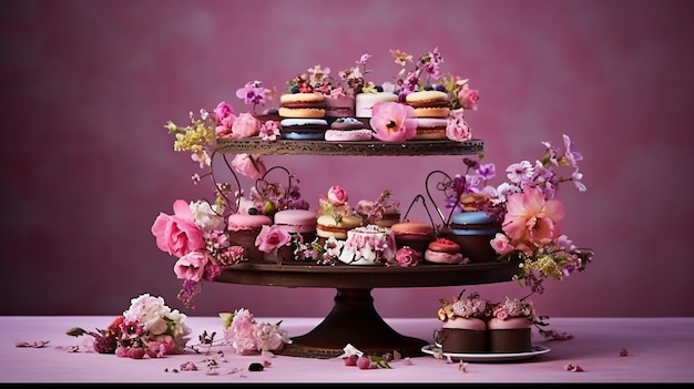 Miniature chocolate cakes decorated with edible flowers Generative AI