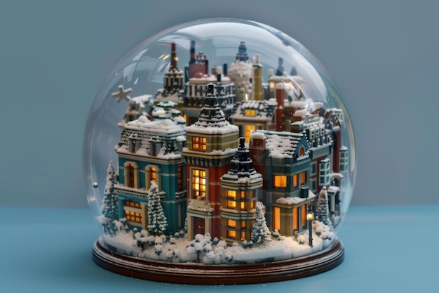 Photo miniature christmas village under glass dome with lights shining brightly