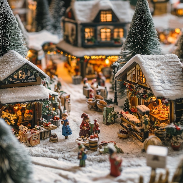 Photo a miniature christmas village with snowcovered houses a christmas market and tiny figures