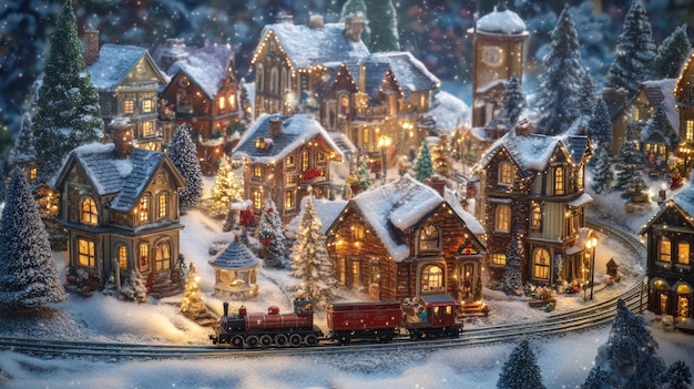 Photo a miniature christmas village with snowcovered houses lit windows and a train traveling through the center