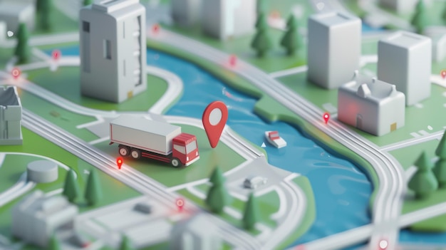 Photo a miniature city layout featuring buildings roads a river and a truck with location pins illustrating a network or delivery model