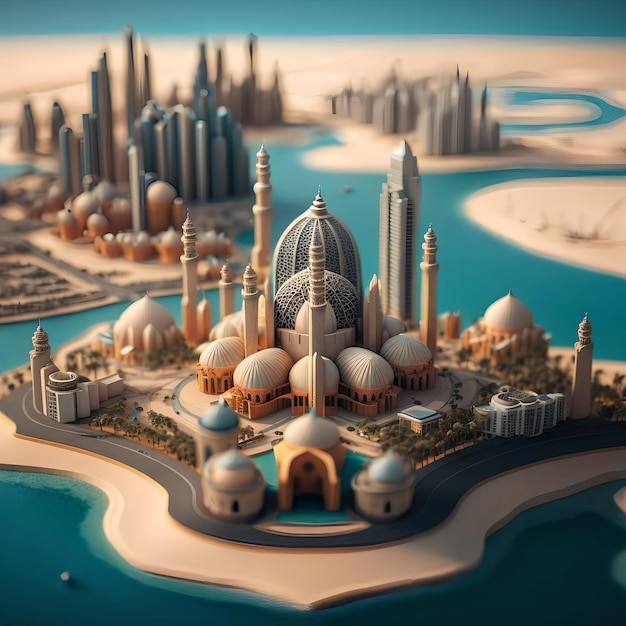 A miniature of a city with a large mosque in the middle.