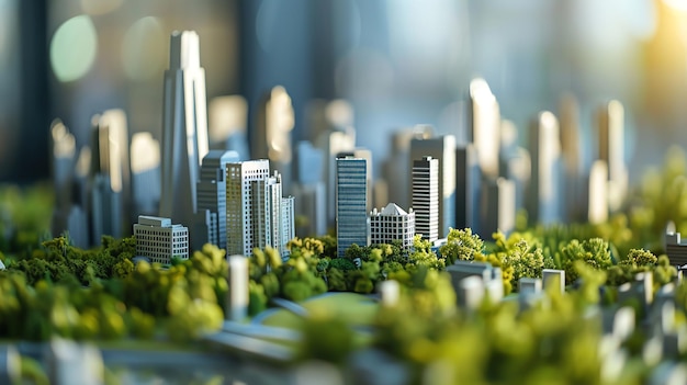 A miniature cityscape model with lush greenery