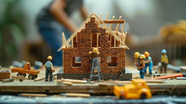 Photo miniature construction scene depicting workers building a house with bricks and wooden beams showcas