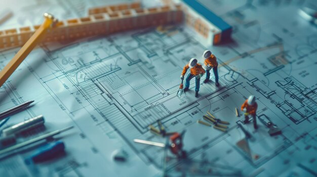 Photo miniature construction workers on architectural blueprint