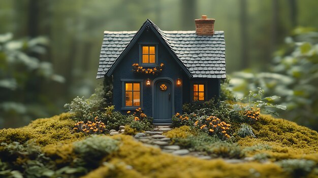 Photo a miniature cottage with glowing windows sits on a mossy hill in a dense forest