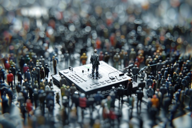 Miniature DJ setup in a vibrant and bustling environment with a crowd