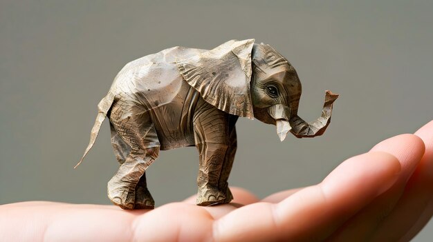 Miniature Elephant Statue in Muted Tones Sitting Peacefully on the Palm of a Hand Capturing the Gentle and Serene Nature of the Beloved Mammal in a Charming Decorative Piece