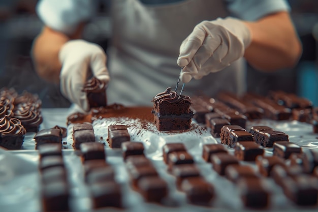 Photo miniature employee making chocolate brownie for world chocolate day