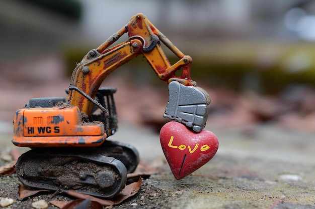 Photo miniature excavator toy with red heart on brick background love concept