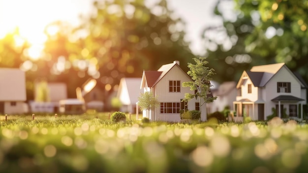 Miniature fairytale homes nestled among vibrant green grass kissed by golden sunlight