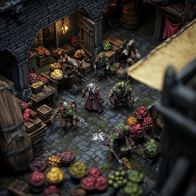 Photo miniature fantasy market scene with orcs and humanoid figures