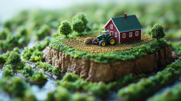 Photo miniature farm scene with red house tractor and green fields