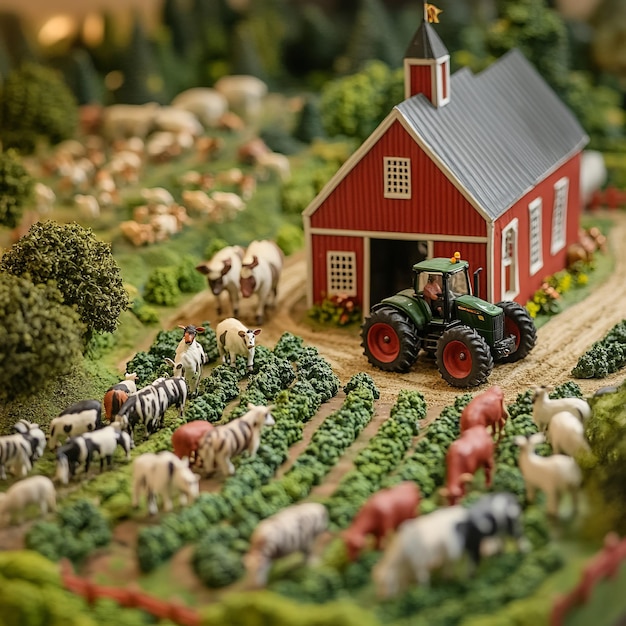 Photo miniature farm with red barn and tractor surrounded by cows and green plants