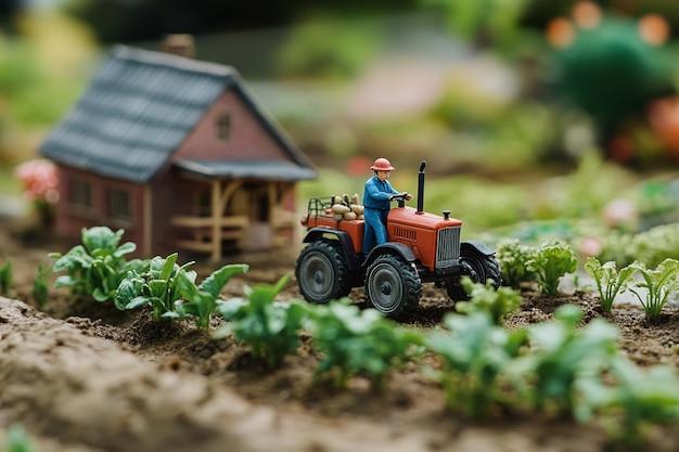 Photo miniature farming scene detailed model of farmers tending crops