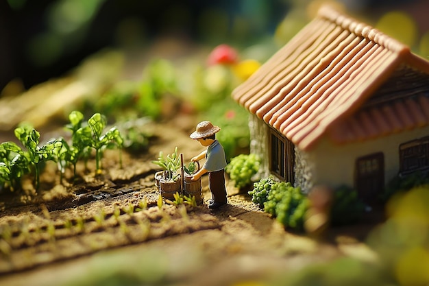 Photo miniature farming scene detailed model of farmers tending crops