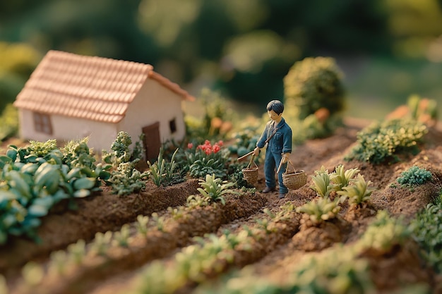 Photo miniature farming scene detailed model of farmers tending crops