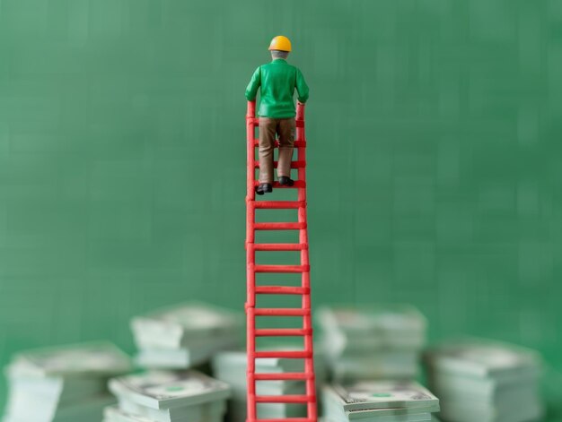 Photo miniature figure climbing ladder to success over stacks of dollar bills