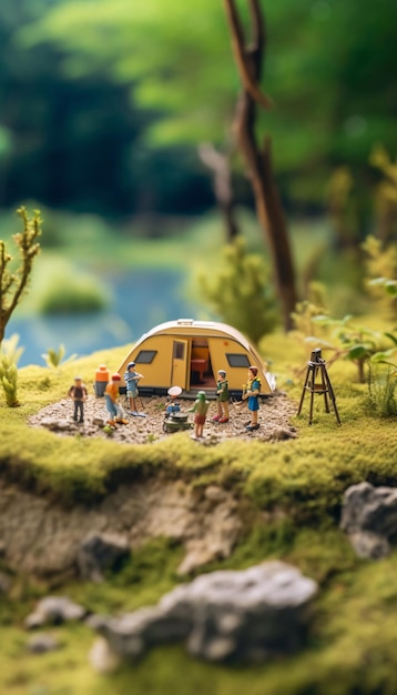 Miniature figure family camping near the lake on forest background