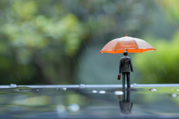 Photo a miniature figure with an orange umbrella stands in the rain surrounded by a misty green backdrop