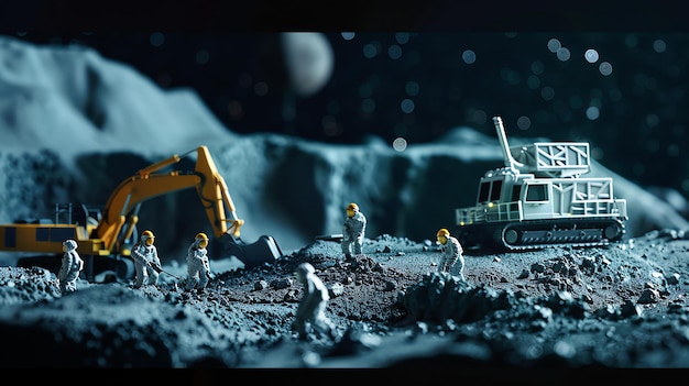 Photo miniature figures of astronauts working on a lunar base with construction vehicles