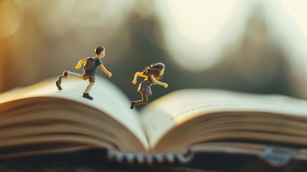 Photo miniature figures of children run across the open pages of a book blending reality and imagination in a whimsical depiction of adventure and discovery