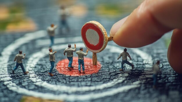 Photo miniature figures facing a stop sign a choice to make