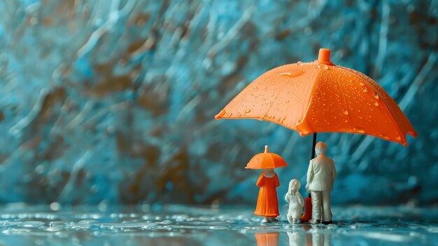 Photo miniature figures of a family standing under an umbrella in the rain