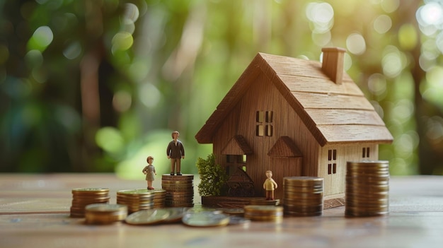 Miniature Figures and House Model with Stacks of Coins Representing Real Estate Investment and Financial Growth