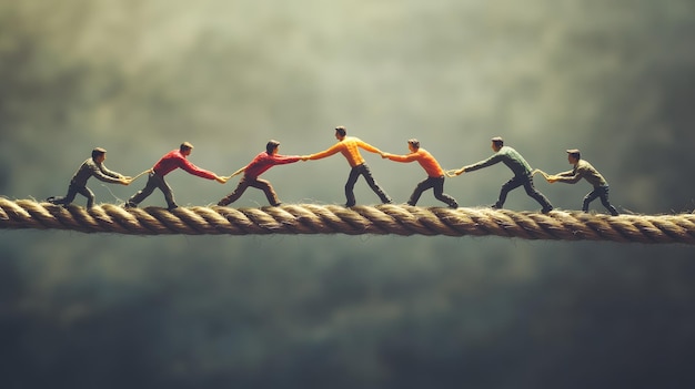 Photo miniature figures pulling a rope together