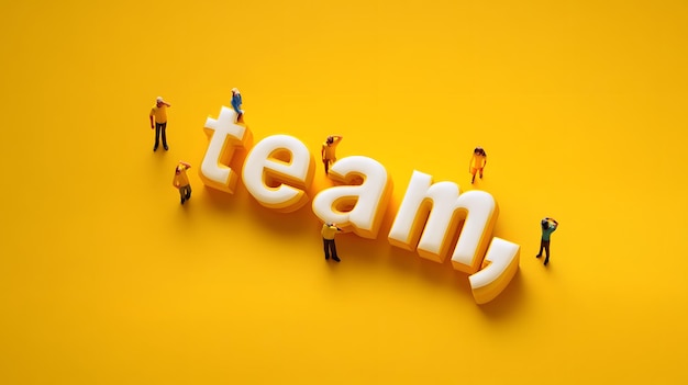 Miniature Figures Standing Around the Word quotTeamquot on a Yellow Background