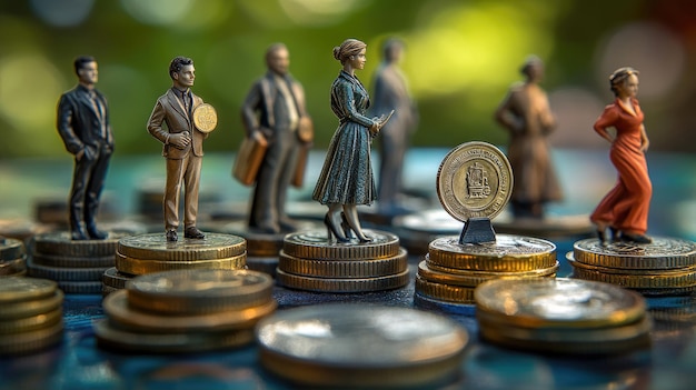 Photo miniature figures standing on stacks of coins