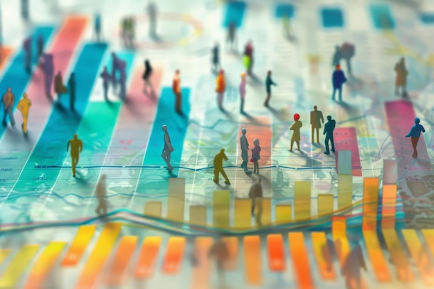 Photo miniature figures walking on a colorful abstract chart representing market analysis an artistic representation of market analysis and target demographics