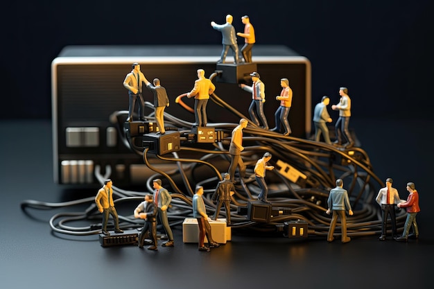 miniature figures working over computer network