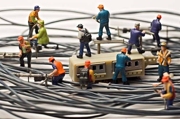 miniature figures working over computer network