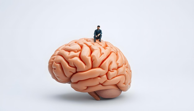 miniature figurine of a man sitting on a giant human brain isolated with white highlights